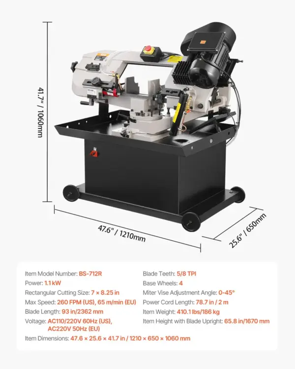 VEVOR Metal Horizontal Band Saw, 7 x 8.25 in Rectangular Cutting Capacity, 110/220V Vertical Cutting Bandsaw with 1.1 kW Motor, 0-45 Angle Adjustment, Variable Speed, for Metal, Wood, and Plastic