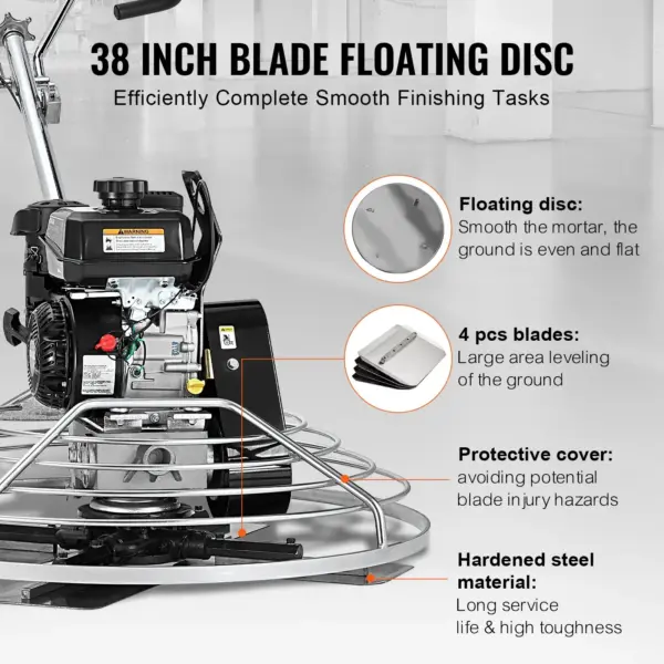 VEVOR Power Trowel, 38 Walk-Behind Cement Trowel with Float Pan, 6HP Gas-Powered Smooth Concrete Surface Finisher, Heavy Duty Commercial Screed Concrete Cement with Finishing Blade, Orange