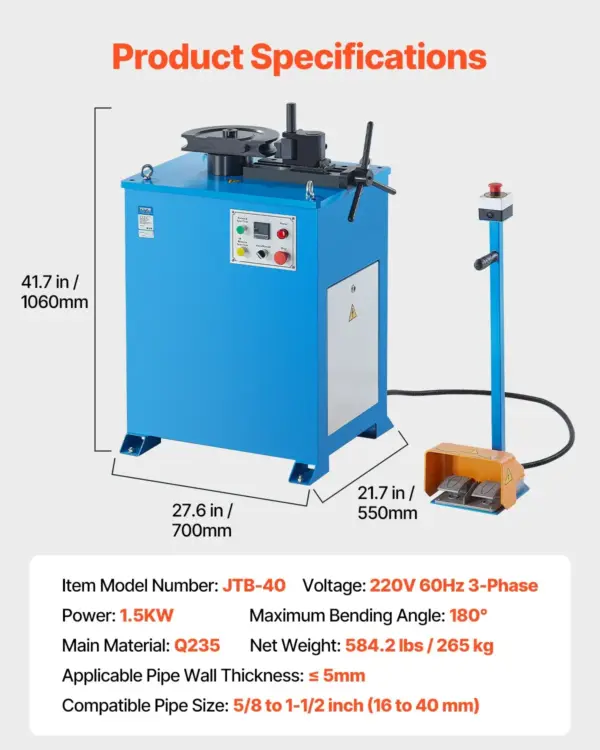 VEVOR Electric Tube Bending Machine, 1.5 KW Electric Tube Bender for 5/8 to 1-1/2 inch Pipes, Pipe Bender Machine with 5 Set Dies, Manual & Auto Modes and 180 Max Bending Angle (220V 60Hz 3-Phase)