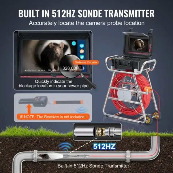 VEVOR Sewer Camera, 328 ft/100m, Self-Leveling Drain Camera with 10.1" Touchscreen, 512Hz Transmitter & Distance Counter, IP67 Snake Plumbing Camera with Lights-12 LED, 32GB Card for Duct Pipe