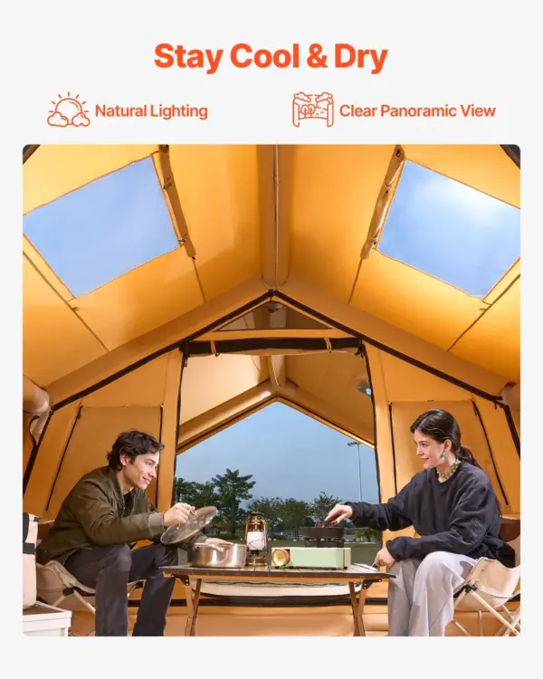 VEVOR Inflatable Tents for Camping, 8-12 Person Easy Setup Blow up Tent with Hand Pump, 4 Season Luxury Glamping Tent with 2 Skylights, Canopy, Stove Jack, 2 Doors & Mesh Windows (Include Storage Bag)
