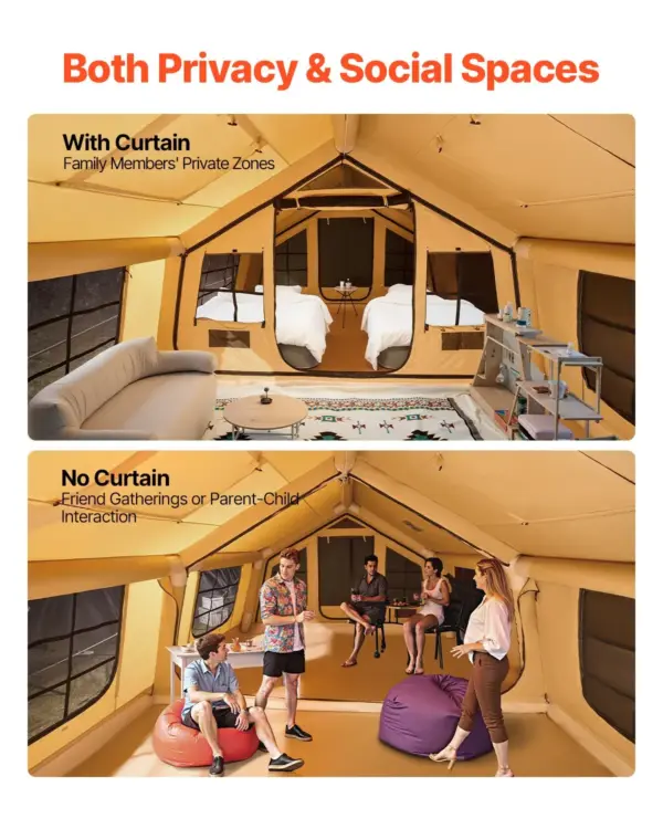 VEVOR Inflatable Tents for Camping, 8-12 Person Easy Setup Blow up Tent with Hand Pump, 4 Season Luxury Glamping Tent with 2 Skylights, Canopy, Stove Jack, 2 Doors & Mesh Windows (Include Storage Bag)
