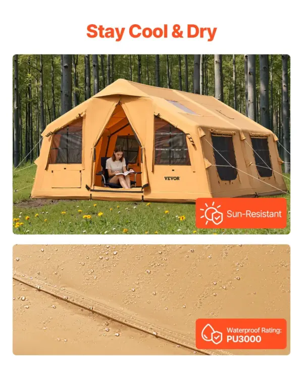 VEVOR Inflatable Tents for Camping, 8-12 Person Easy Setup Blow up Tent with Hand Pump, 4 Season Luxury Glamping Tent with 2 Skylights, Canopy, Stove Jack, 2 Doors & Mesh Windows (Include Storage Bag)