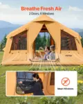 VEVOR Inflatable Tents for Camping, 8-12 Person Easy Setup Blow up Tent with Hand Pump, 4 Season Luxury Glamping Tent with 2 Skylights, Canopy, Stove Jack, 2 Doors & Mesh Windows (Include Storage Bag)