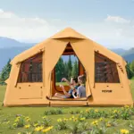 VEVOR Inflatable Tents for Camping, 8-12 Person Easy Setup Blow up Tent with Hand Pump, 4 Season Luxury Glamping Tent with 2 Skylights, Canopy, Stove Jack, 2 Doors & Mesh Windows (Include Storage Bag)