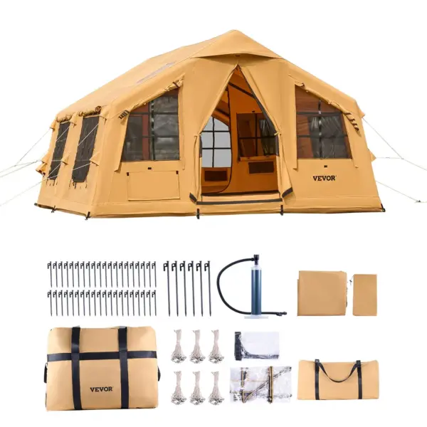 VEVOR Inflatable Tents for Camping, 8-12 Person Easy Setup Blow up Tent with Hand Pump, 4 Season Luxury Glamping Tent with 2 Skylights, Canopy, Stove Jack, 2 Doors & Mesh Windows (Include Storage Bag)