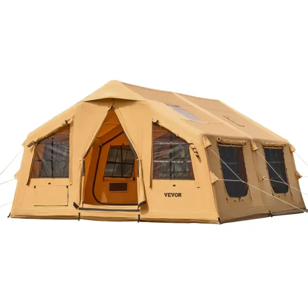 VEVOR Inflatable Tents for Camping, 8-12 Person Easy Setup Blow up Tent with Hand Pump, 4 Season Luxury Glamping Tent with 2 Skylights, Canopy, Stove Jack, 2 Doors & Mesh Windows (Include Storage Bag)