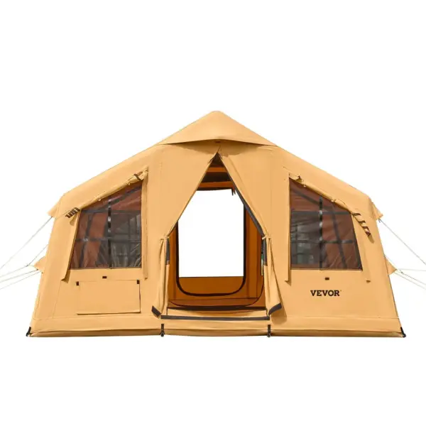 VEVOR Inflatable Tents for Camping, 8-12 Person Easy Setup Blow up Tent with Hand Pump, 4 Season Luxury Glamping Tent with 2 Skylights, Canopy, Stove Jack, 2 Doors & Mesh Windows (Include Storage Bag)