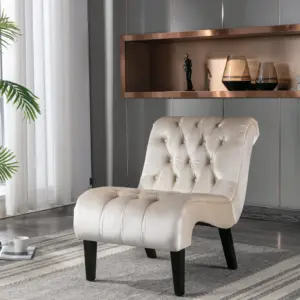 Modern Velvet Armless Accent Living Room Chair / Leisure Chair,Upholstered Fabric Button Comfortable Chair with Wooden Legs for Bedroom, Living Room, Office (Beige Velvet)