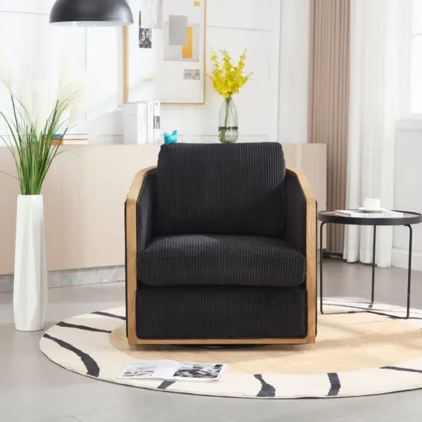 Corduroy Swivel Barrel Chair, Comfortable Accent Sofa Chair for Living Room, 360 Degree Swivel Barrel Club Chair, Leisure Arm Chair for Nursery, Hotel, Bedroom, Office, Lounge (Black)