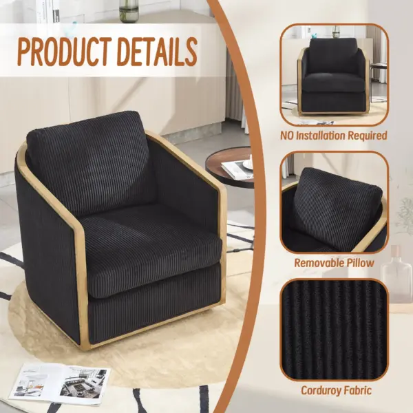 Corduroy Swivel Barrel Chair, Comfortable Accent Sofa Chair for Living Room, 360 Degree Swivel Barrel Club Chair, Leisure Arm Chair for Nursery, Hotel, Bedroom, Office, Lounge (Black)