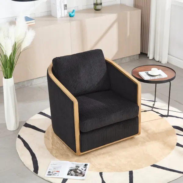 Corduroy Swivel Barrel Chair, Comfortable Accent Sofa Chair for Living Room, 360 Degree Swivel Barrel Club Chair, Leisure Arm Chair for Nursery, Hotel, Bedroom, Office, Lounge (Black)
