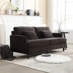 Mid Century Modern chenille Fabric Loveseat sofa, 2-Seat Upholstered Loveseat Sofa Modern Couch for Living Room,Brown wood feet sofa for Bedroom, Reading (Black Chenille)