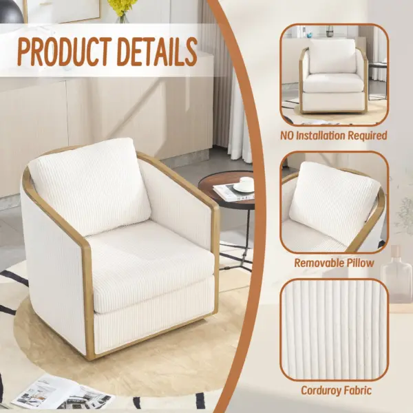 Corduroy Swivel Barrel Chair, Comfortable Accent Sofa Chair for Living Room, 360 Degree Swivel Barrel Club Chair, Leisure Arm Chair for Nursery, Hotel, Bedroom, Office, Lounge (Beige)