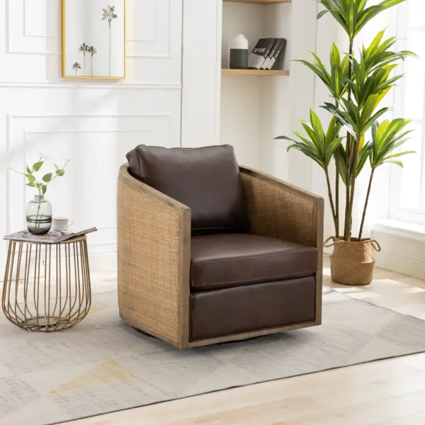 Swivel Barrel Chair, Comfy Round Accent Sofa Chair for Living Room, 360 Degree Swivel Barrel Club Chair, Leisure Arm Chair for Nursery, Hotel, Bedroom, Office, Lounge (Brown Boucle)