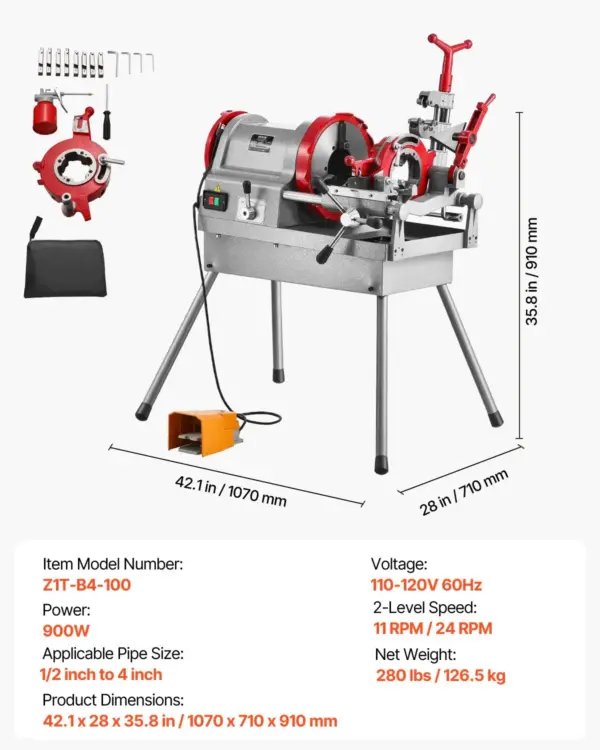 VEVOR Electric Pipe Threader Machine, 900W 2-Speed Threading Cutting Machine, 1/2 to 4 inch Pipes Threading Cutter Tool with Foot Pedal for Plumbing, Automotive Repairs, Metalworking