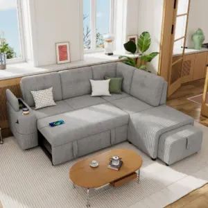 94' Sectional Sofa Pull-out Sofa Bed L-shaped Sofa with Movable Ottoman and Stool, Large Storage Space, a Cup Holder, and Two USB Ports for Living Room, Light Grey