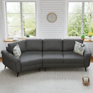 111' Upholstered 3-seater Sofa Curved Sofa Couch with Two Printed Pillows for Living Room, Dark Gray