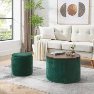 2-Piece Set Round Chenille Storage Ottoman, Equipped with a Drum Shaped Small Stool, Storage Space, and MDF Made Desktop Panel (Dark Green23.62'x23.62'x16.53')