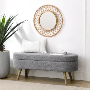 Ottoman Oval Storage Bench,Rubber Wood Legs, Gray (43.5'x16'x16')