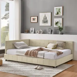 Full Size Upholstered Tufted Bed Frame, Sofa Bed Frame with Comfortable Backrest and Armrests, Full Size Bed for Bedroom, Living Room,Velvet, NEW BEIGE(80.5''*59''*30.5'')