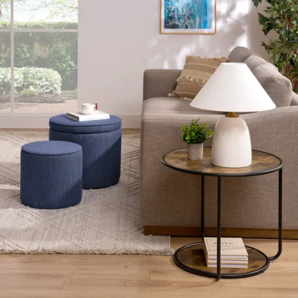 Ottoman, multi-functional combination set table Ottoman, combination of Ottoman and table, with drum stool, with storage space-Dark Blue