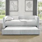 Twin Size Daybed, Upholstered sofa bed,The bottom pulls out to form a bed ,Striped corduroy fabric- Light grey(86'*43.5'*34')