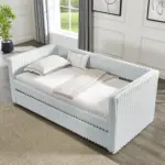 Twin Size Daybed, Upholstered sofa bed,The bottom pulls out to form a bed ,Striped corduroy fabric- Light grey(86'*43.5'*34')