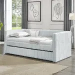 Twin Size Daybed, Upholstered sofa bed,The bottom pulls out to form a bed ,Striped corduroy fabric- Light grey(86'*43.5'*34')