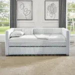 Twin Size Daybed, Upholstered sofa bed,The bottom pulls out to form a bed ,Striped corduroy fabric- Light grey(86'*43.5'*34')