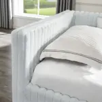 Twin Size Daybed, Upholstered sofa bed,The bottom pulls out to form a bed ,Striped corduroy fabric- Light grey(86'*43.5'*34')