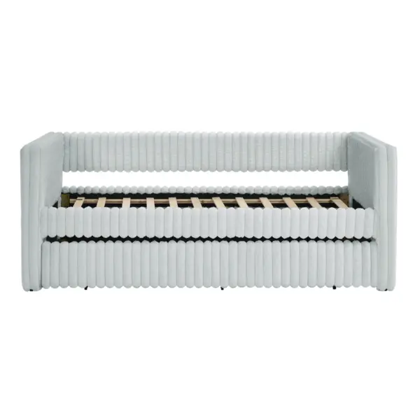Twin Size Daybed, Upholstered sofa bed,The bottom pulls out to form a bed ,Striped corduroy fabric- Light grey(86'*43.5'*34')
