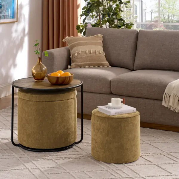 Ottoman, multi-functional combination set table Ottoman, combination of Ottoman and table, with drum stool, with storage space-Dark yellow