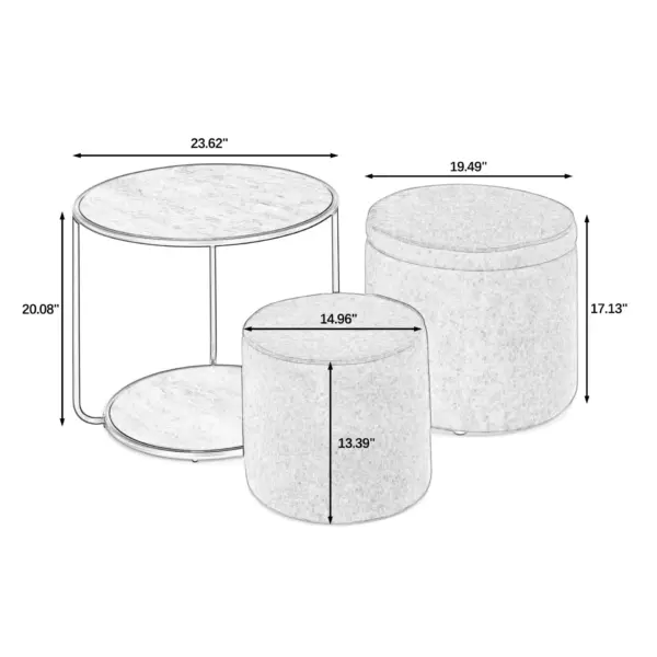 Ottoman, multi-functional combination set table Ottoman, combination of Ottoman and table, with drum stool, with storage space-Dark yellow