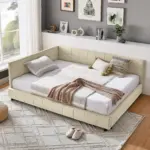 Full Size Upholstered Tufted Bed Frame, Sofa Bed Frame with Comfortable Backrest and Armrests, Full Size Bed for Bedroom, Living Room,Velvet, NEW BEIGE(80.5''*59''*30.5'')