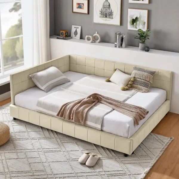 Full Size Upholstered Tufted Bed Frame, Sofa Bed Frame with Comfortable Backrest and Armrests, Full Size Bed for Bedroom, Living Room,Velvet, NEW BEIGE(80.5''*59''*30.5'')
