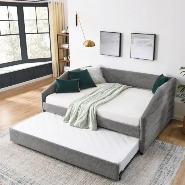 Full Size Daybed with Trundle Upholstered Tufted Sofa Bed, Linen Fabric, Grey (82.5'x58'x34')