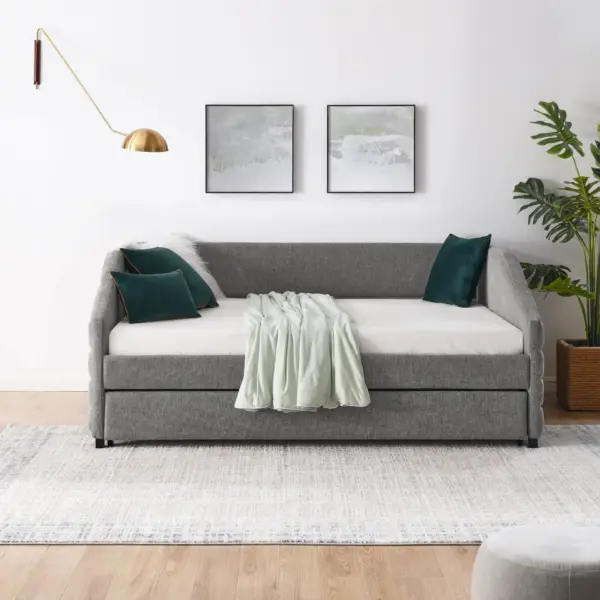 Full Size Daybed with Trundle Upholstered Tufted Sofa Bed, Linen Fabric, Grey (82.5'x58'x34')