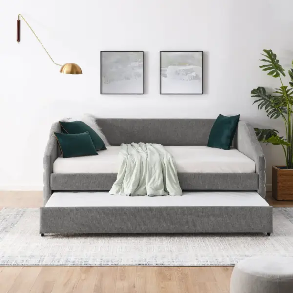 Full Size Daybed with Trundle Upholstered Tufted Sofa Bed, Linen Fabric, Grey (82.5'x58'x34')