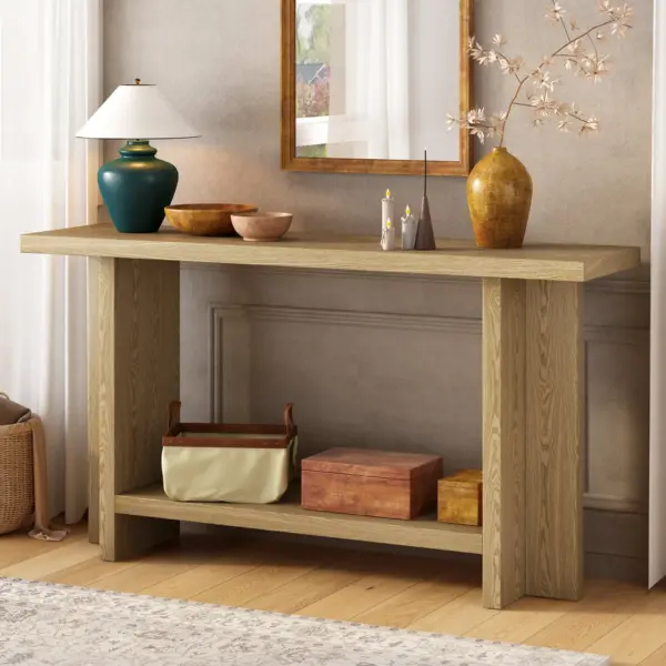 Vintage-Inspired and Ash Wood Veneer ConsoleTable with T-Leg Design,Suitable for Study,Entryway, Hallway, Living Room, Foyer
