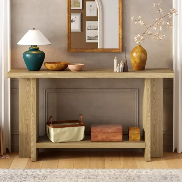 Vintage-Inspired and Ash Wood Veneer ConsoleTable with T-Leg Design,Suitable for Study,Entryway, Hallway, Living Room, Foyer