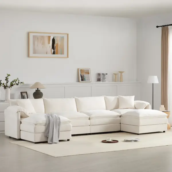 136' Chenille Modular Sectional Sofa with Deep and Wide Seat,U Shaped Cloud Couch Set with Double Cushions,6 Seat Sofa with Movable Ottomans,Oversized Indoor Furniture for Living Room,3 Colors
