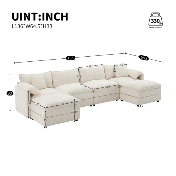 136' Chenille Modular Sectional Sofa with Deep and Wide Seat,U Shaped Cloud Couch Set with Double Cushions,6 Seat Sofa with Movable Ottomans,Oversized Indoor Furniture for Living Room,3 Colors