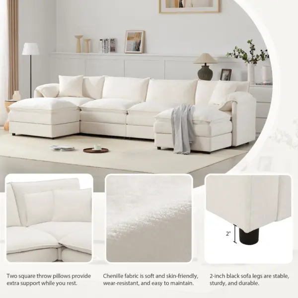 136' Chenille Modular Sectional Sofa with Deep and Wide Seat,U Shaped Cloud Couch Set with Double Cushions,6 Seat Sofa with Movable Ottomans,Oversized Indoor Furniture for Living Room,3 Colors