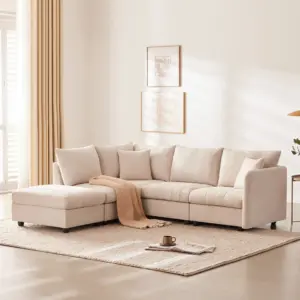 89*79' Modern Modular Sectional Sofa with Deep Seat,Vertical Stripes,5 Seat Corner Couch with Movable Ottoman,Throw Pillows,L-Shaped Comfy Cloud Indoor Furniture for Living Room,Apartment,3 Colors
