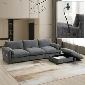 96.5'' Chenille Sectional Sofa with Storage Ottoman and Pockets,Adjustable Phone Holder,Wide Seat,4 Seat L Shaped Couch Set,Comfy Sofa with USB Charger for Living Room,Apartment,3 Colors