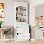 Modern 83.7inch High Kitchen Pantry, Freestanding Tall Kitchen Hutch with Faux Marble Top, Display Cupboard Cabinet with 5 Storage Drawers and Adjustable Shelf, White