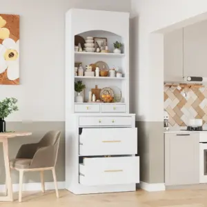 Modern 83.7inch High Kitchen Pantry, Freestanding Tall Kitchen Hutch with Faux Marble Top, Display Cupboard Cabinet with 5 Storage Drawers and Adjustable Shelf, White