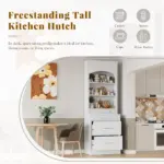 Modern 83.7inch High Kitchen Pantry, Freestanding Tall Kitchen Hutch with Faux Marble Top, Display Cupboard Cabinet with 5 Storage Drawers and Adjustable Shelf, White