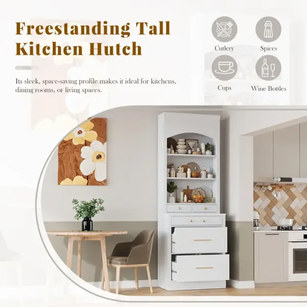 Modern 83.7inch High Kitchen Pantry, Freestanding Tall Kitchen Hutch with Faux Marble Top, Display Cupboard Cabinet with 5 Storage Drawers and Adjustable Shelf, White